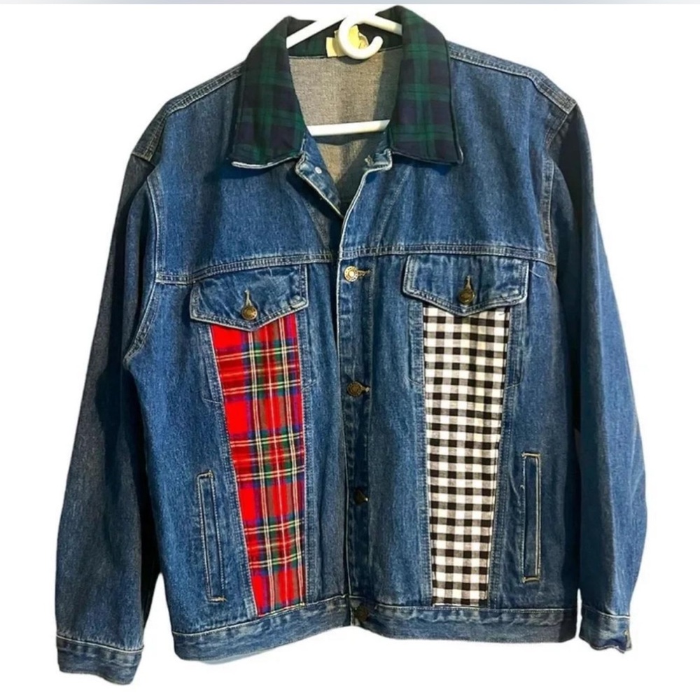 Patchwork Denim Jacket with Plaid Accents